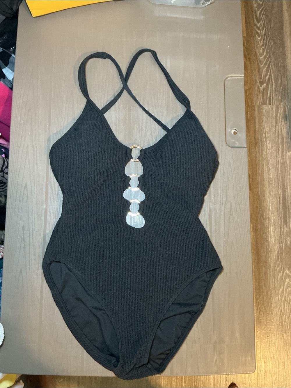 Michael Kors Black One-Piece Swimsuit with Silver Shell Accent - Picture 2 of 10